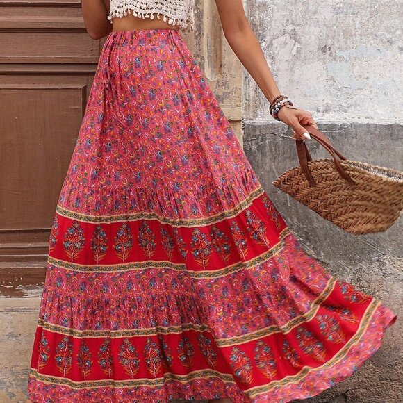 Pink Boho Women's Color Block Butterfly Printed Maxi A-Line Skirt For Vacation - Picture 2 of 6